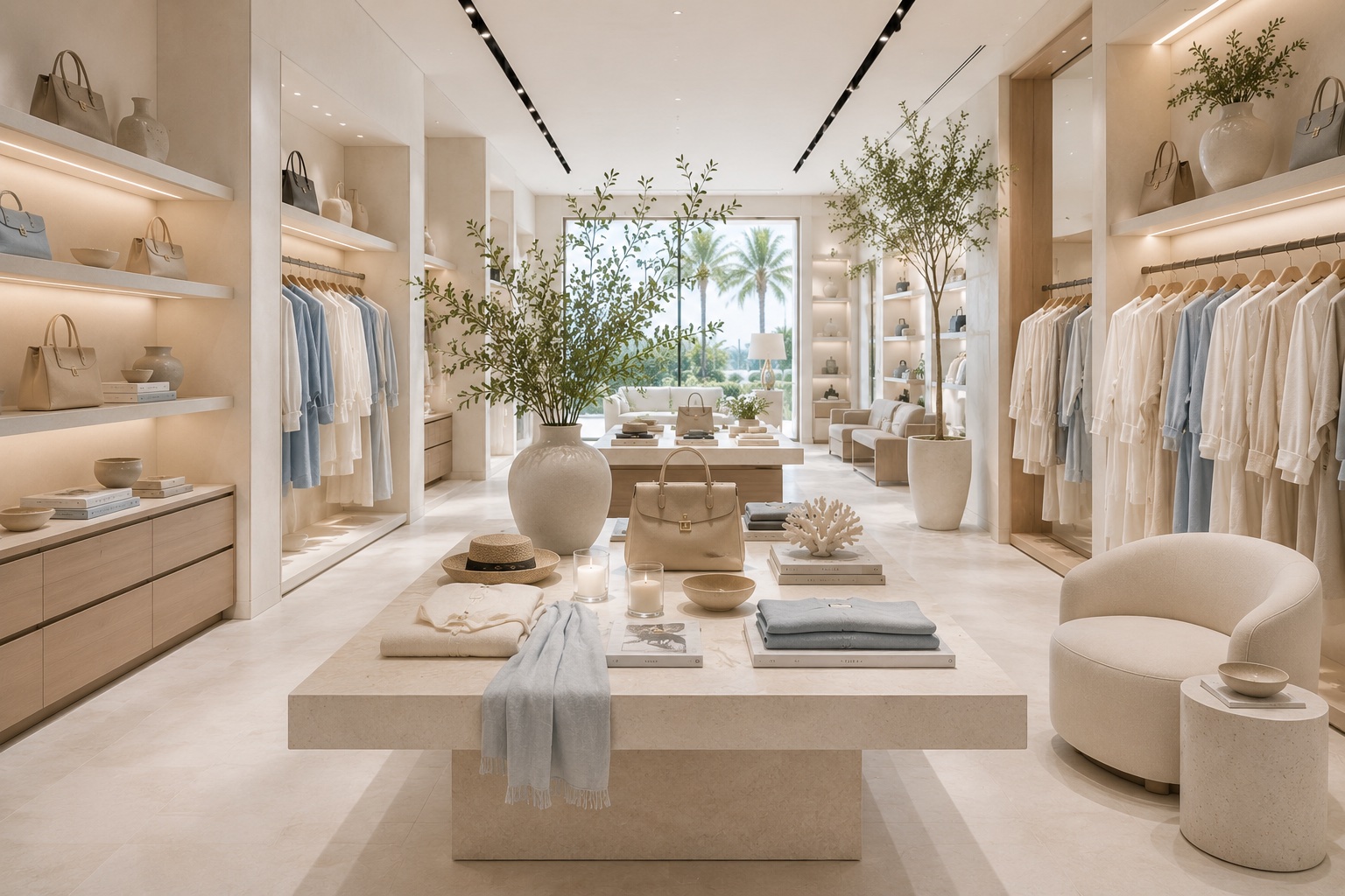A light, curated resort boutique interior